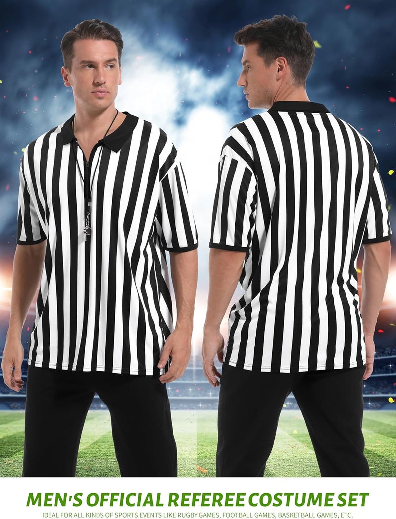 FancyFun Store 3 Pcs Referee Shirt, Referee Costume Men Women Zipper Collar Black and White Striped Ref Shirt for Football Soccer Sports - Image 5
